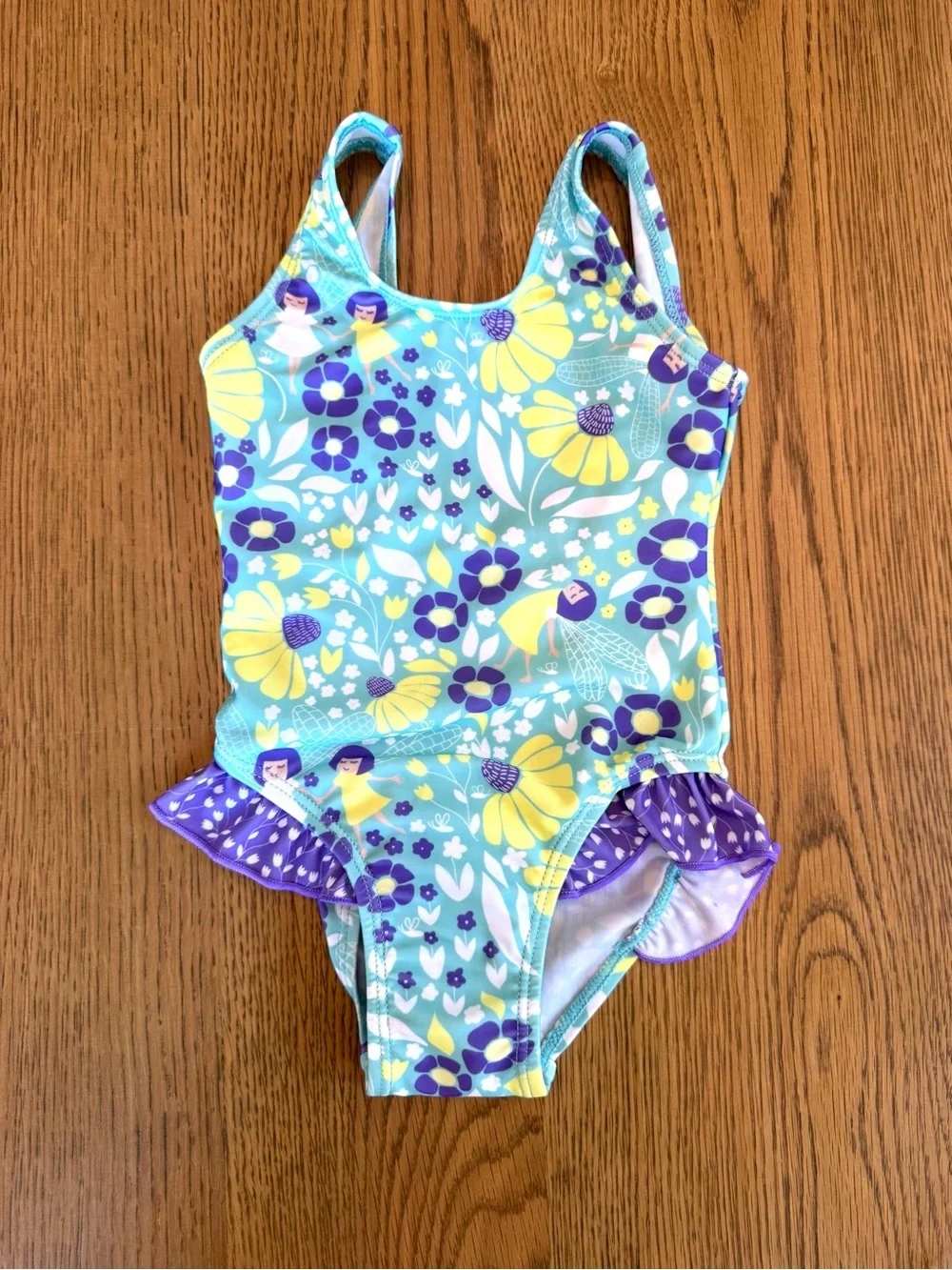 Flap Happy Girls 2T One Piece Swimsuit Aqua Purple Floral Fairy Ruffle NWT